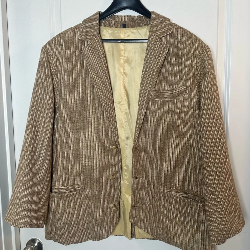 J. Peterman 100% Silk TweedTan Old Money Two Button Blazer/Sport Coat, Size 42